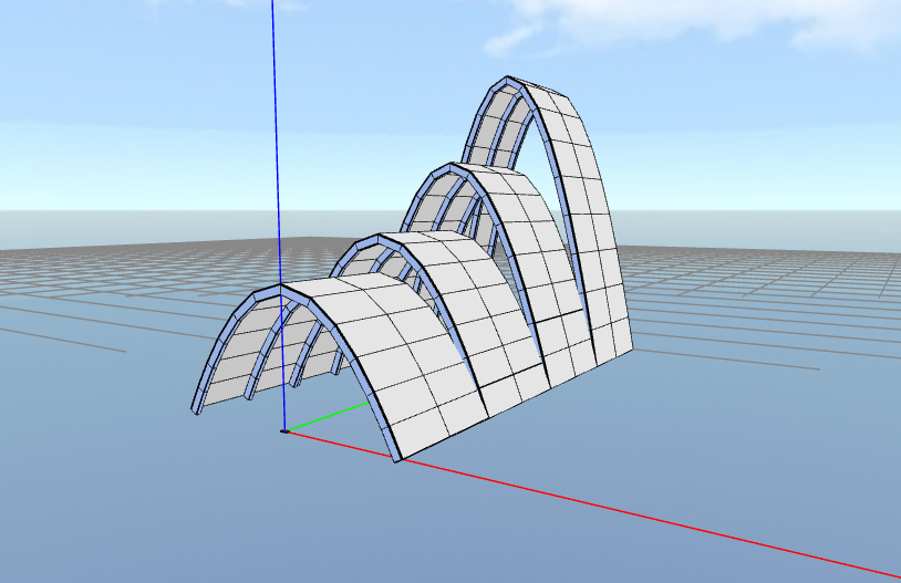 3D structure similar to The Winter Gardens structure with roofs following inverted catenary curves.